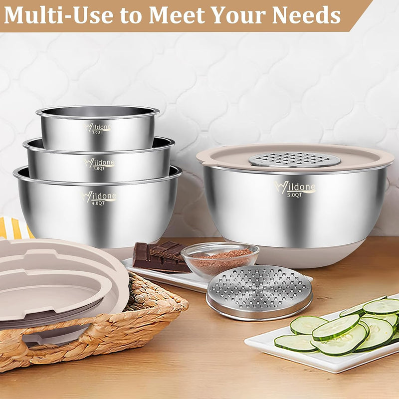 27-Piece Stainless Steel Mixing Bowls Set with Airtight Lids and Grater Attachments - Non-Slip Bottom Ideal for Mixing and Prepping Sizes 063QT-5