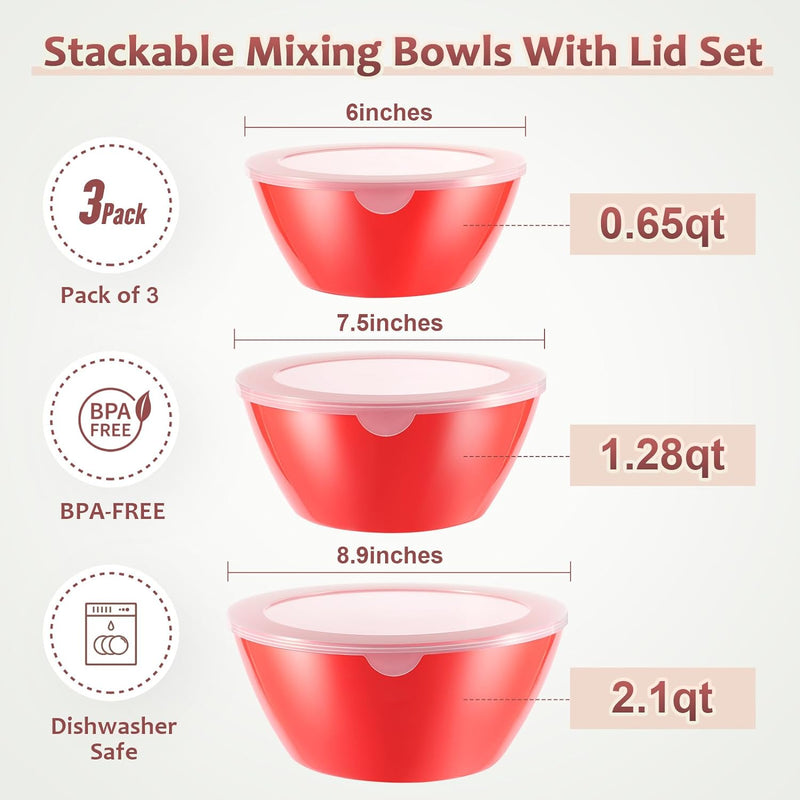 Wehome BPA-Free Mixing Bowls with Lids - Set of 3 Aqua Nesting Bowls for Kitchen Prep Serving and Storage