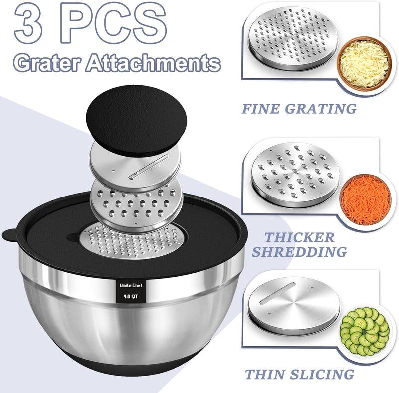 Umite Chef Mixing Bowls Set with Airtight Lids Stainless Steel 8PCS Khaki Non-Slip Bottoms Grater Attachments Sizes 5-15QT