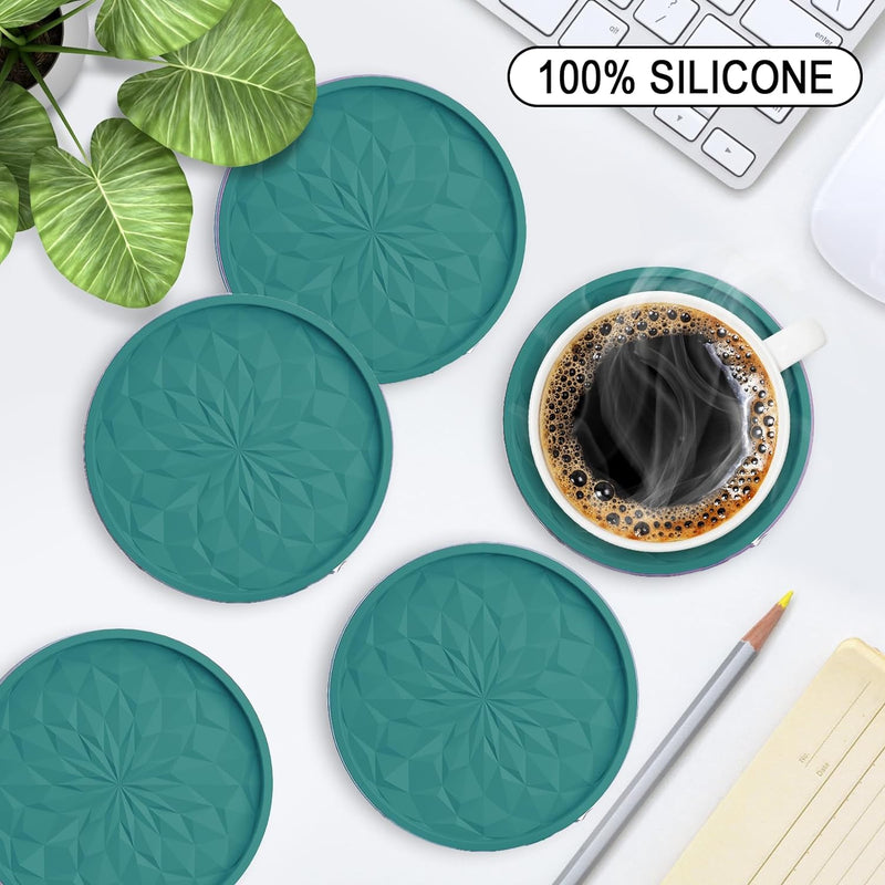 MEFAN Silicone Coasters 6 Pack with Holder - Non-Slip Deep Tray for HotCold Drinks - Black