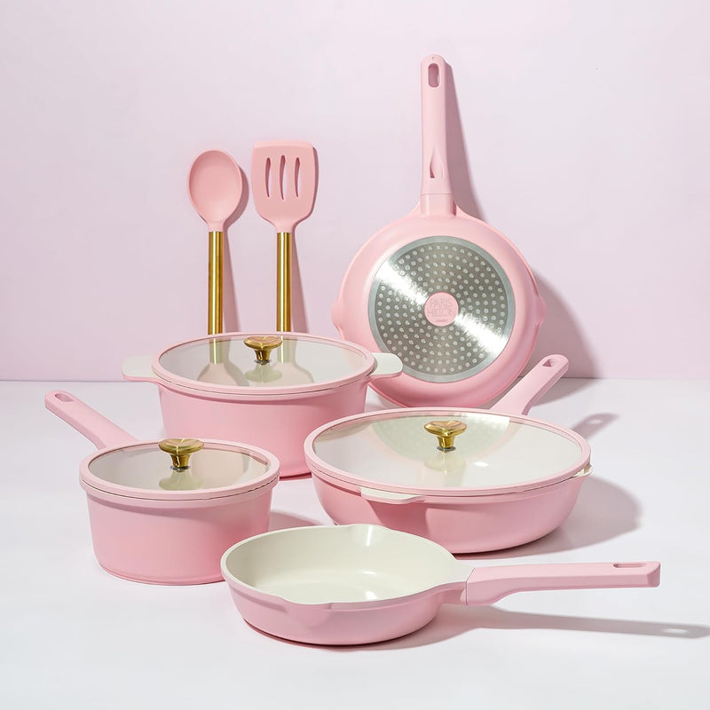 Paris Hilton Ceramic Nonstick Cookware Set - Gold Knobs Stay-Cool Handles 10-Piece Pink