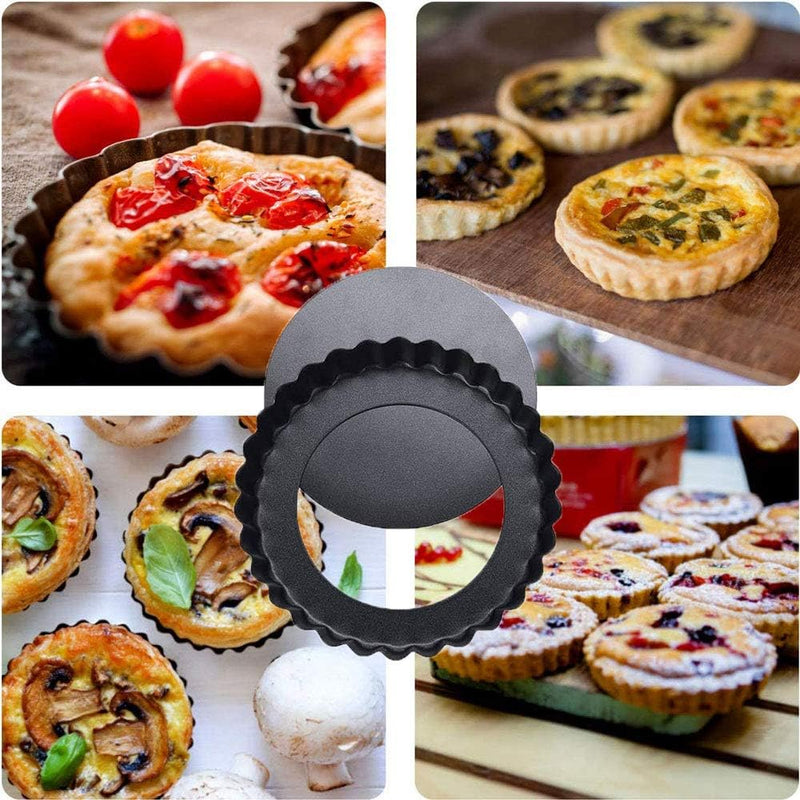 The product title is 8 Pack DATANYA 4 Inch Mini Tart Pans with Removable Bottom - Nonstick Quiche Pan for Dessert Baking