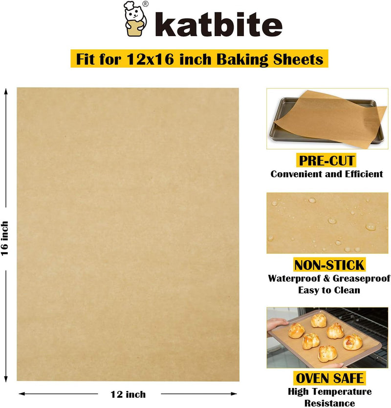 Katbite 200Pcs 12x16 In Unbleached Parchment Paper for Baking - Heavy Duty Precut Sheets for Oven Air Fryer Cookies