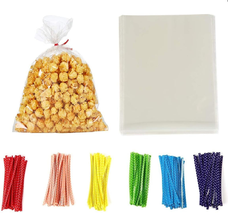 100-Pack Clear Cellophane Treat Bags with Metallic Twist Ties - 10x6 inches 14mil - Bakery Cookies Candies Dessert