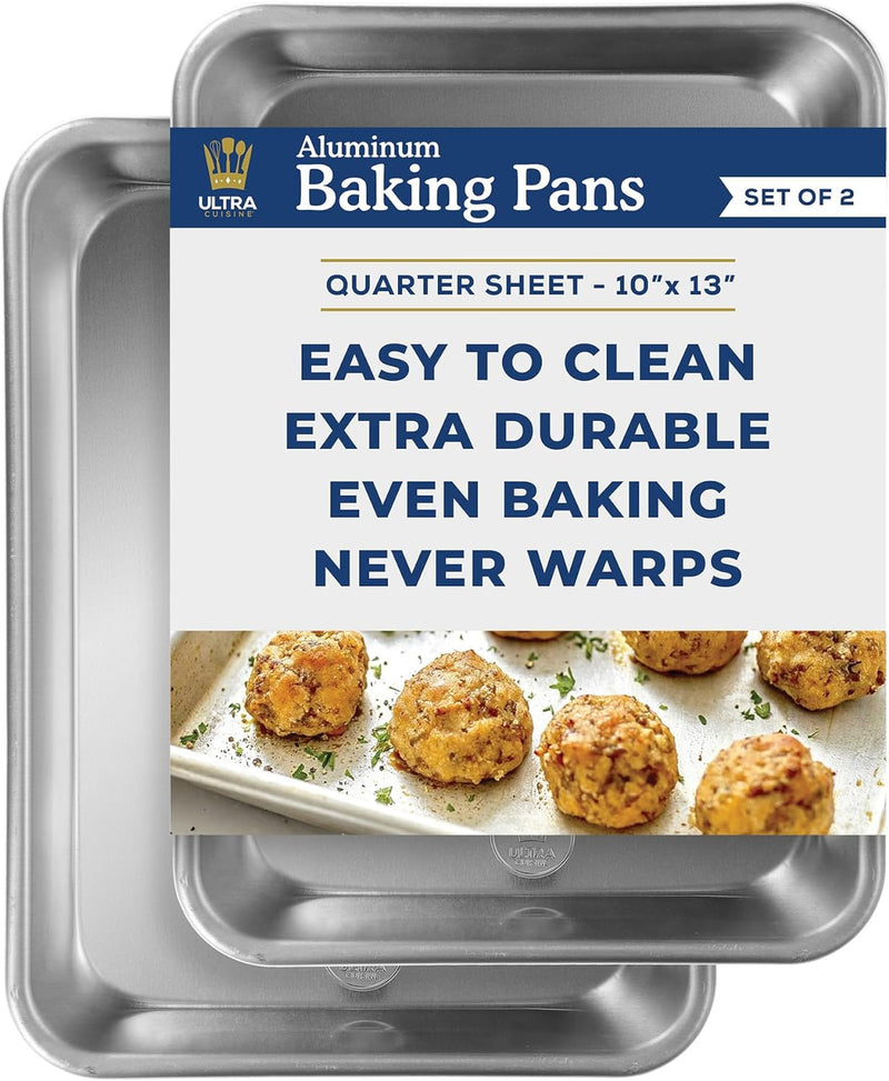 Professional Quarter Sheet Baking Pans - Set of 2 Aluminum Cookie Sheets - Rimmed 9x13-inch for Baking and Roasting