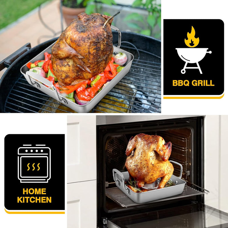 9-inch Beer Can Chicken Roaster with 2 Pans and Racks - Stainless Steel