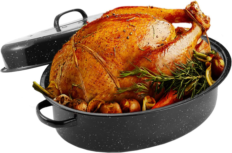 JY COOKMENT 19 Enameled Granite Roaster Pan with Domed Lid - Oval Turkey Roaster Pot Great for Turkey Chicken Lamb Vegetable - Dishwasher Safe 20Lb Capacity