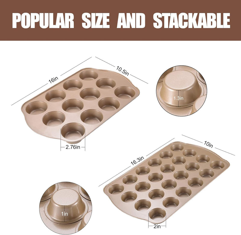 JOHO BAKING Nonstick Muffin and Cupcake Pan Set - 12 and 24-Cup Gold