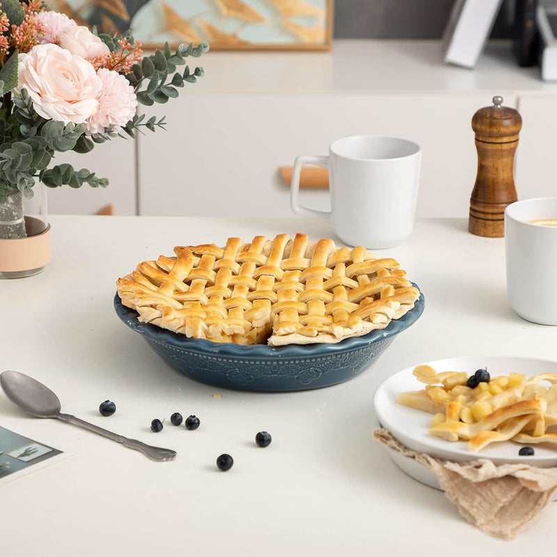 Ceramic Deep Dish Pie Pan with Lace Emboss - Grayish Blue