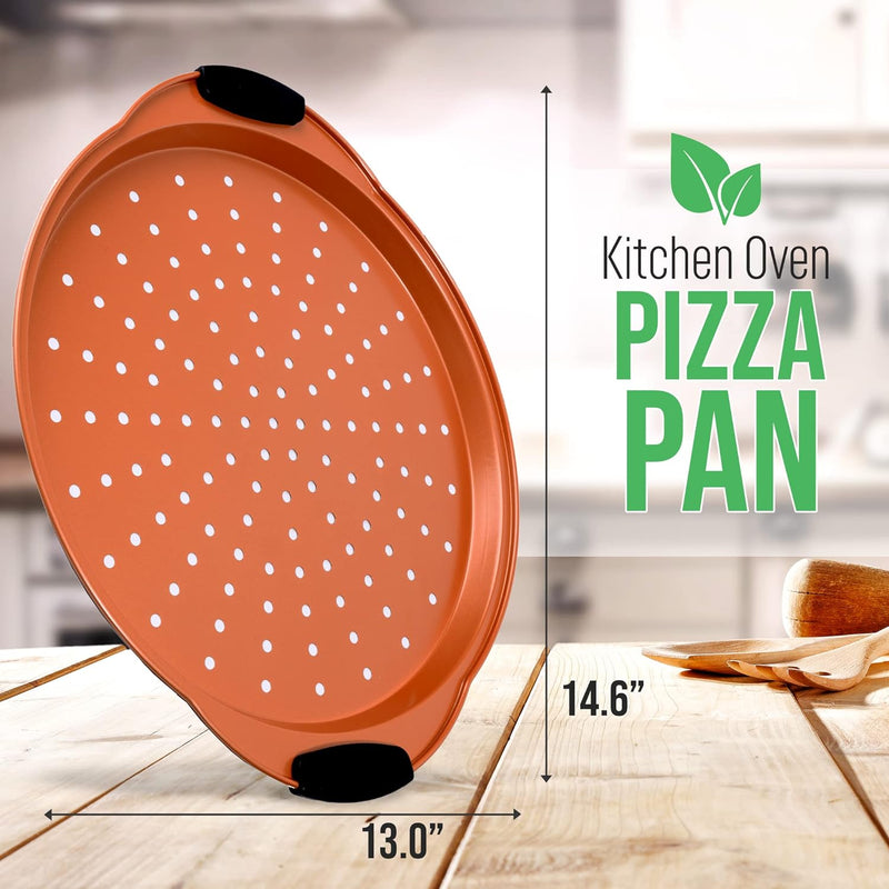 Non-Stick Pizza Tray with Silicone Handle and Perforated Holes - Premium Bakeware for Easy Cooking and Cleaning - NCBPIZ6