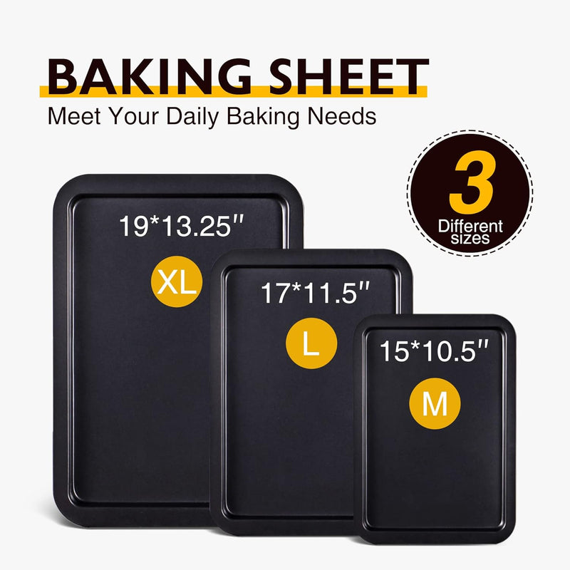 HONGBAKE Baking Sheet Pan Set - Nonstick Bakeware with Wider Grips 3 Pack Dishwasher Safe