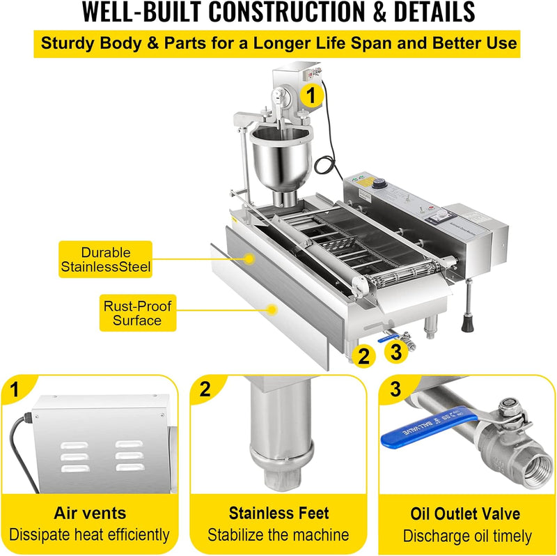 Commercial Donut Making Machine with 7L Hopper and 3 Sizes Molds 304 Stainless Steel Auto Fryer