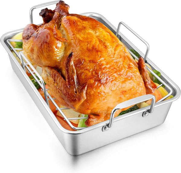 Joyfair 14-inch Stainless Steel Roasting Pan with Rack - Turkey  Chicken Meat Baking Dish - Lasagna Pan with Riveted Handle