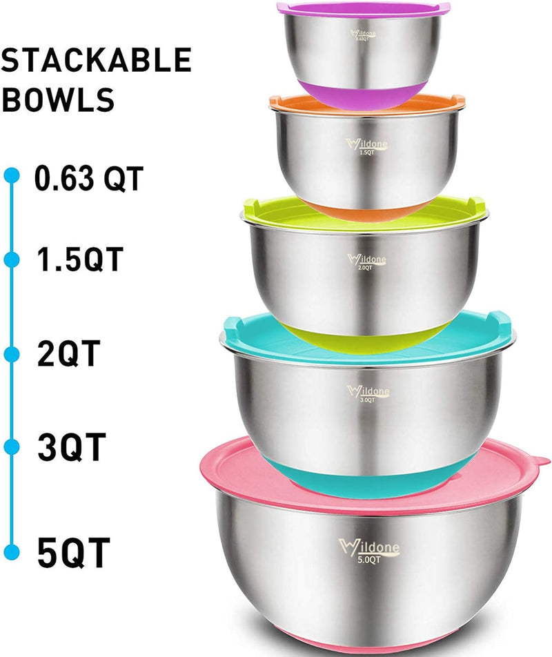 5-Piece Stainless Steel Mixing Bowls Set with Airtight Lids Grater and Non-Slip Bottoms