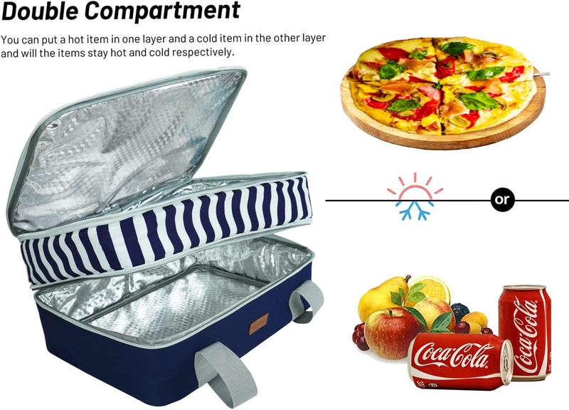 Double Insulated Casserole Carrier Bag - Hot  Cold Food Carry Bag for Potluck Parties Picnics and Traveling Blue