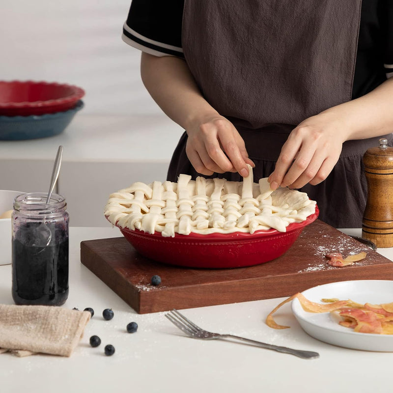 Ceramic Deep Dish Pie Pan with Lace Emboss - Grayish Blue