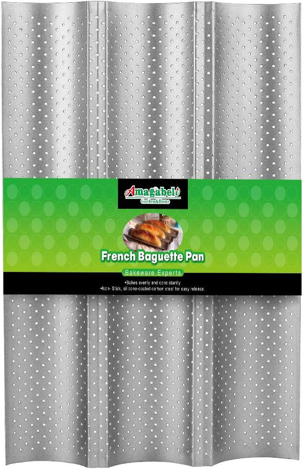 AMAGABELI Nonstick Baguette Pan for French Bread Baking - 15 x 13 Perforated Mold with 4 Gutter Oven Toaster Cloche Silver
