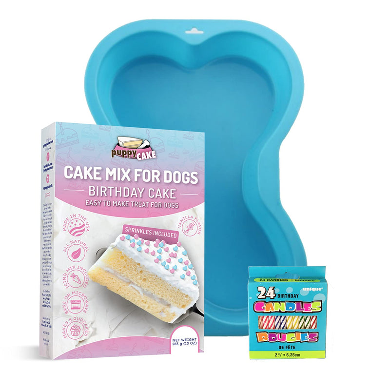 CharactersPuppy Cake Mix Birthday Kit with Bone Pan Candles and Peanut Butter Blue Flavor - Made in USA