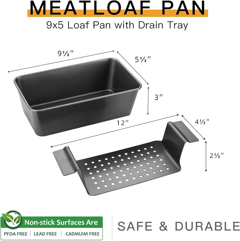 HONGBAKE Nonstick Meatloaf Pan with Drain Tray and Insert 9 x 5 Inches - Grey