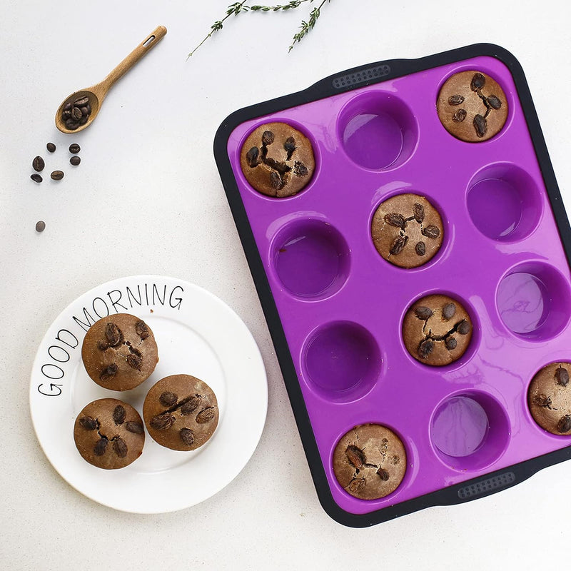 Non-Stick Silicone Muffin Pan with Stainless Steel Frame - 12 Cup Baking Mold BPA Free Blue