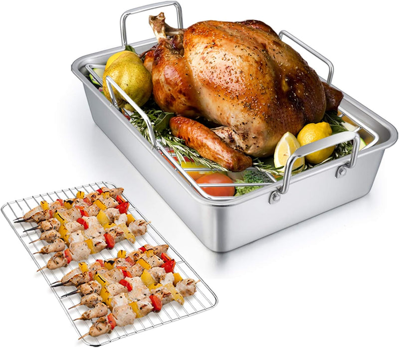 TeamFar Roasting Pan with Rack - 14 Inch Stainless Steel Turkey Lasagna Set