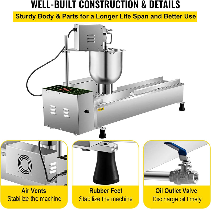 Commercial Donut Making Machine with 7L Hopper and 3 Sizes Molds 304 Stainless Steel Auto Fryer