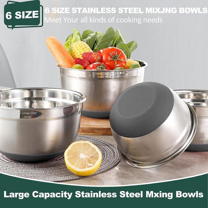 Umite Chef 6-Piece Mixing Bowls with Airtight Lids - Stainless Steel Nesting Storage Set Khaki