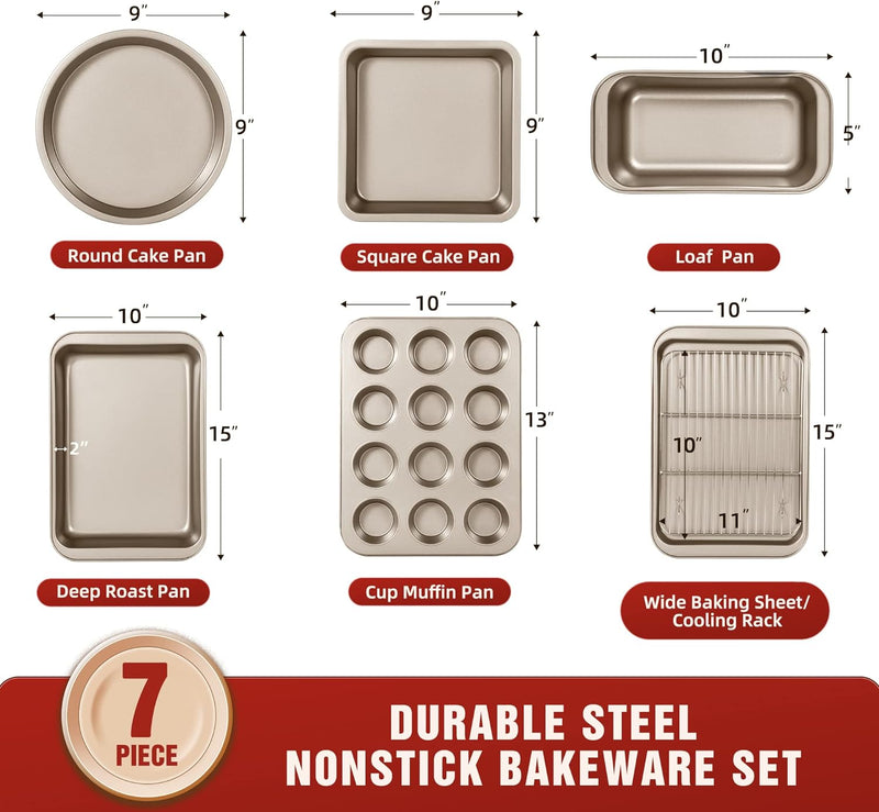 KITESSENSU Nonstick Bakeware Set 7-Piece Carbon Steel Baking Pans with Round and Square Cake Pan Loaf Muffin Cookie Sheet and Roast Cooling Rack