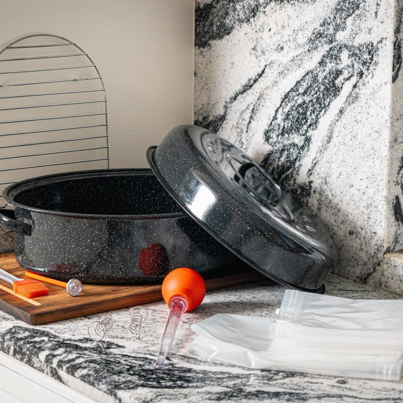 19 Granite Ware Roaster with Lid - Enamelware Speckled Black Dishwasher Safe