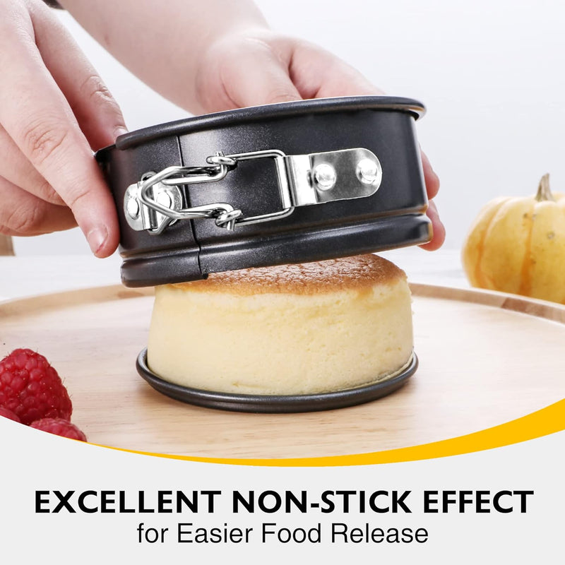 HONGBAKE 4 Mini Cheesecake Pans with 100 Pcs Parchment Paper Liners - Nonstick Round Cake Pan with Removable Bottom - 4 Pack Dark Grey