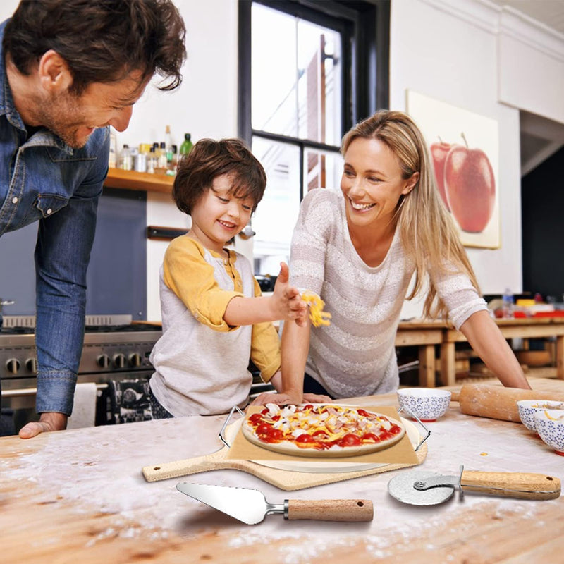 Round Pizza Stone Set - 5 PCS with Accessories and Cooking Paper for Perfect Pizza and Bread Baking