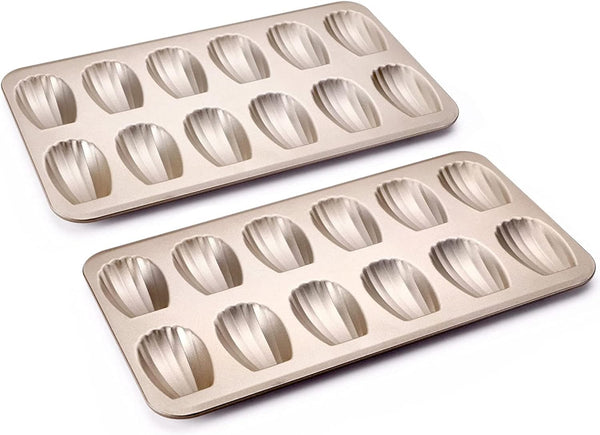 HONGBAKE Nonstick Madeleine Pan 2 Pack - Heavy Duty 12-Cavity Shell Shaped Cake Trays for Oven Baking Champagne Gold