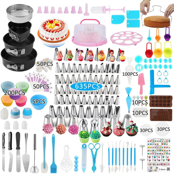Cake Decorating Kit - 635 Pcs Supplies with 3 Springform Pan Sets Icing Nozzles Rotating Turntable Topper Piping Bags Carrier  Holder - Baking Tools