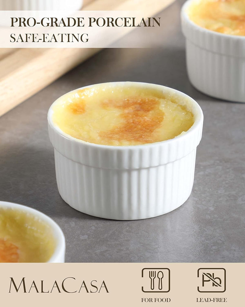 MALACASA 2 oz Creme Brulee Ramekins - Set of 12 Ceramic White Dipping Bowls Dishwasher Safe