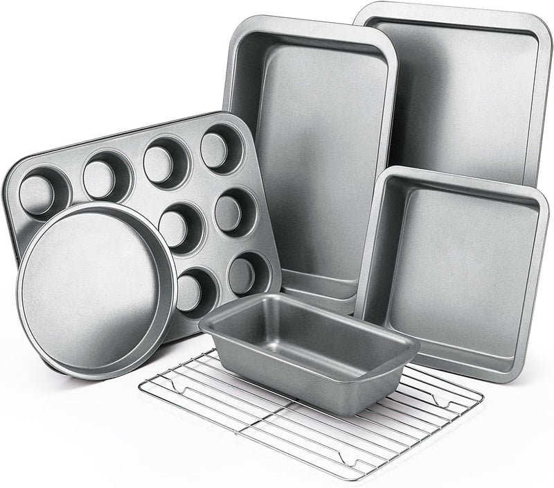 KITESSENSU Nonstick Bakeware Set 7-Piece Carbon Steel Baking Pans with Round and Square Cake Pan Loaf Muffin Cookie Sheet and Roast Cooling Rack