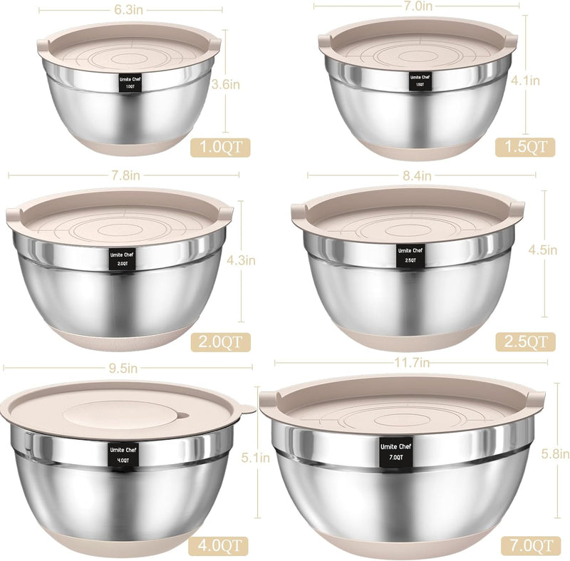 26-Piece Airtight Mixing Bowl Set with Grater Attachments and Non-Slip Bottoms - Stainless Steel Kitchen Gadgets in Khaki Various Sizes