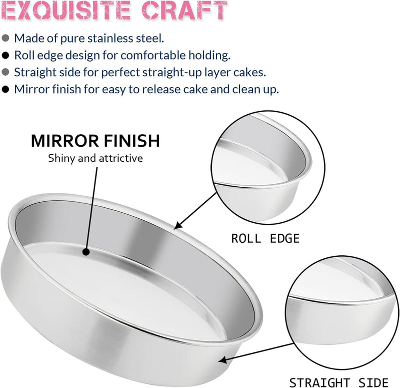 8-Inch Stainless Steel Round Cake Pan Set of 3 - Non-Toxic Mirror Finish Dishwasher Safe