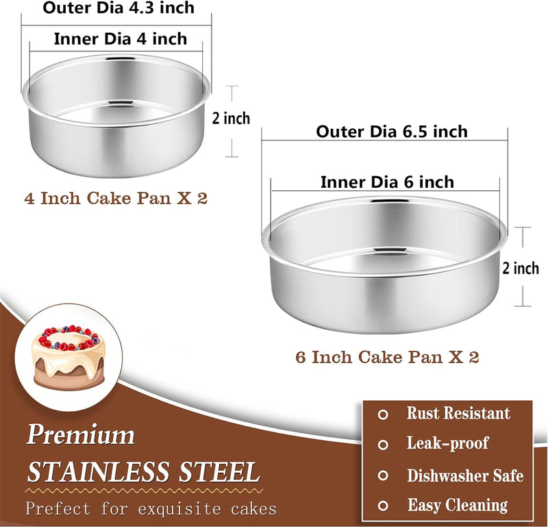 PP Chef 4 Stainless Steel Baking Pan Set for Mini Cakes Pizzas and Quiches - Non-Toxic Leakproof and Easy to Clean