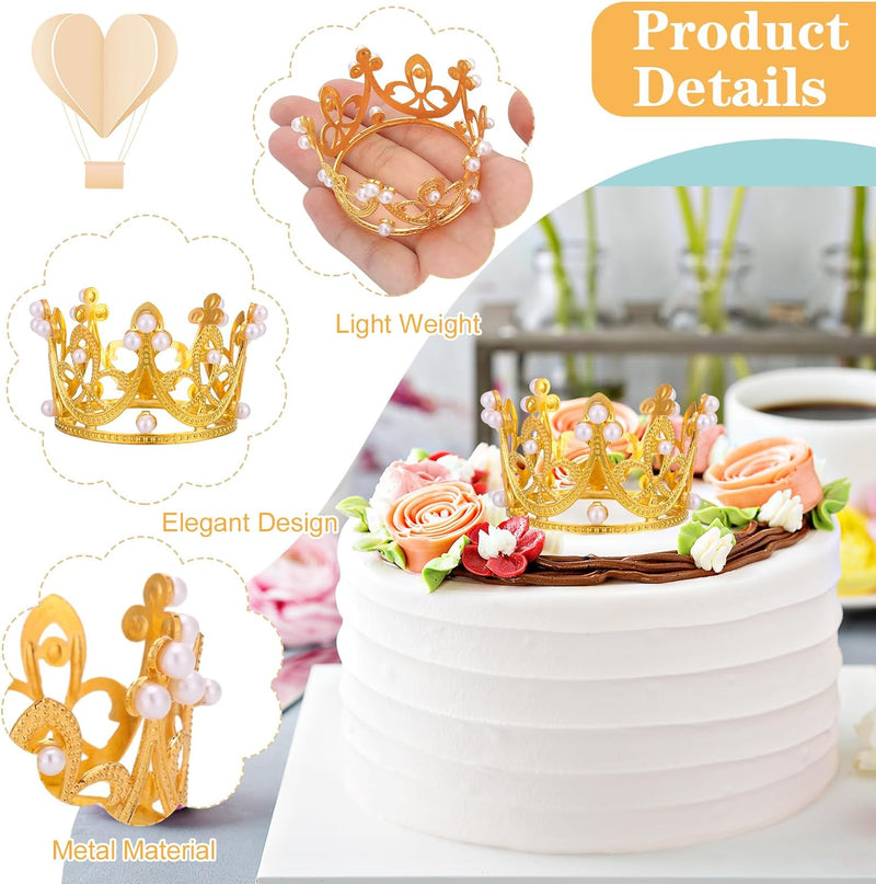 Gold Crown and Butterfly Decorations for Weddings and Parties - Set of 12 Mini Tiara Cake Toppers and 24 Gold Butterfly Decorations