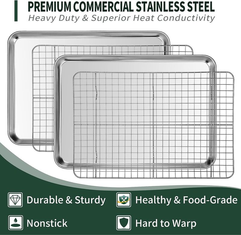 Quarter Sheet Pan with Cooling Rack Set - 2 Baking Sheets  2 Baking Racks - CEKEE Stainless Steel - Rust  Warp Resistant - Nonstick - 12 x 98 x 1 Inch