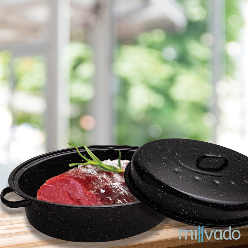 Millvado Roasting Pan with Lid - Extra Large Thanksgiving Turkey Roaster - 20 lb Capacity - Granite Enamel Steel Cookware
