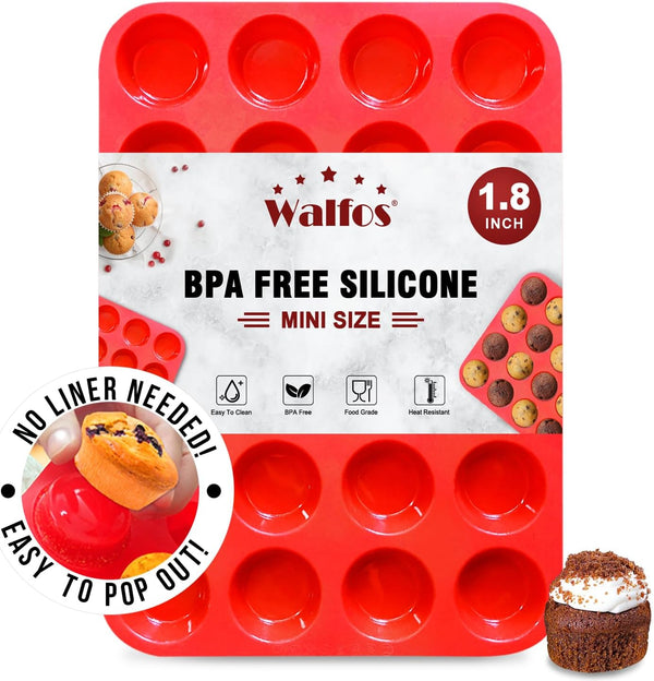 Walfos Mini Silicone Muffin Pan - 24 Cup Non-stick Baking Pan BPA Free Dishwasher Safe