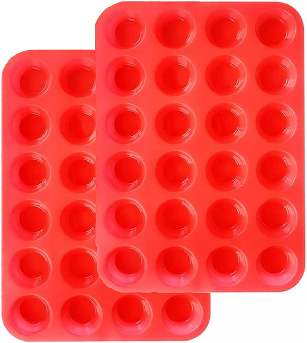 Mini Muffin  Cupcake Set - 24 Cups Nonstick Silicone Baking Pan Red 2 PCS