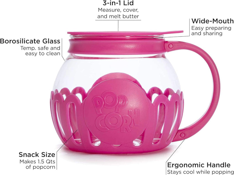 Ecolution Micro-Pop Microwave Popcorn Popper - Temperature Safe with 3-in-1 Lid BPA-Free Dishwasher Safe 15-Quart Pink