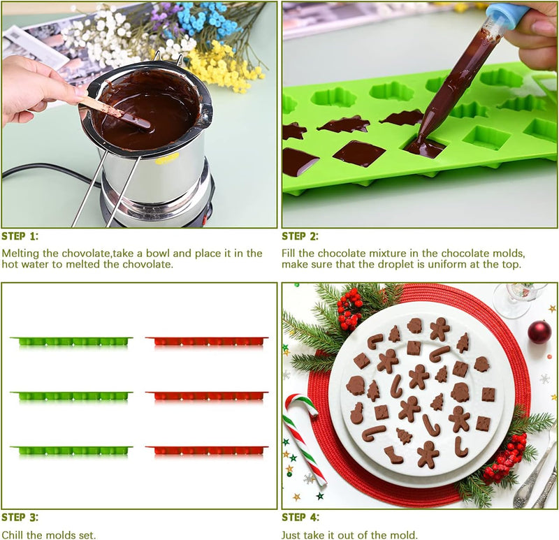 Christmas Silicone Chocolate and Candy Molds - 6 Pack Reusable Non-stick Xmas Themed RedGreen