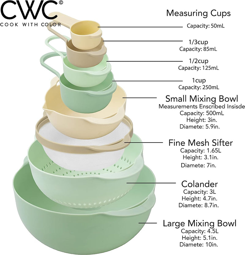 8-Piece Nesting Bowls Set with Measuring Cups Colander Sifter - Mint Green