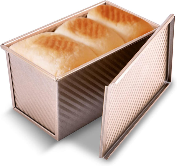 KITESSENSU Pullman Loaf Pan with Lid - 1 lb Capacity Non-Stick Carbon Steel Bread Toast Mold with Cover - Gold