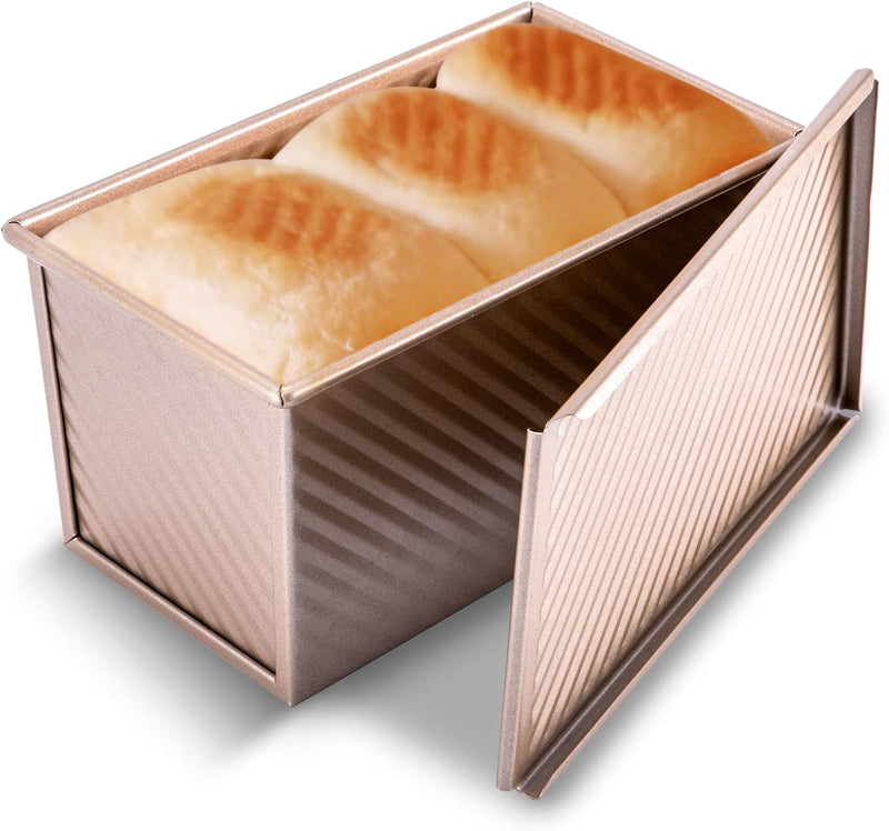 KITESSENSU Pullman Loaf Pan with Lid - 1 lb Capacity Non-Stick Carbon Steel Bread Toast Mold with Cover - Gold