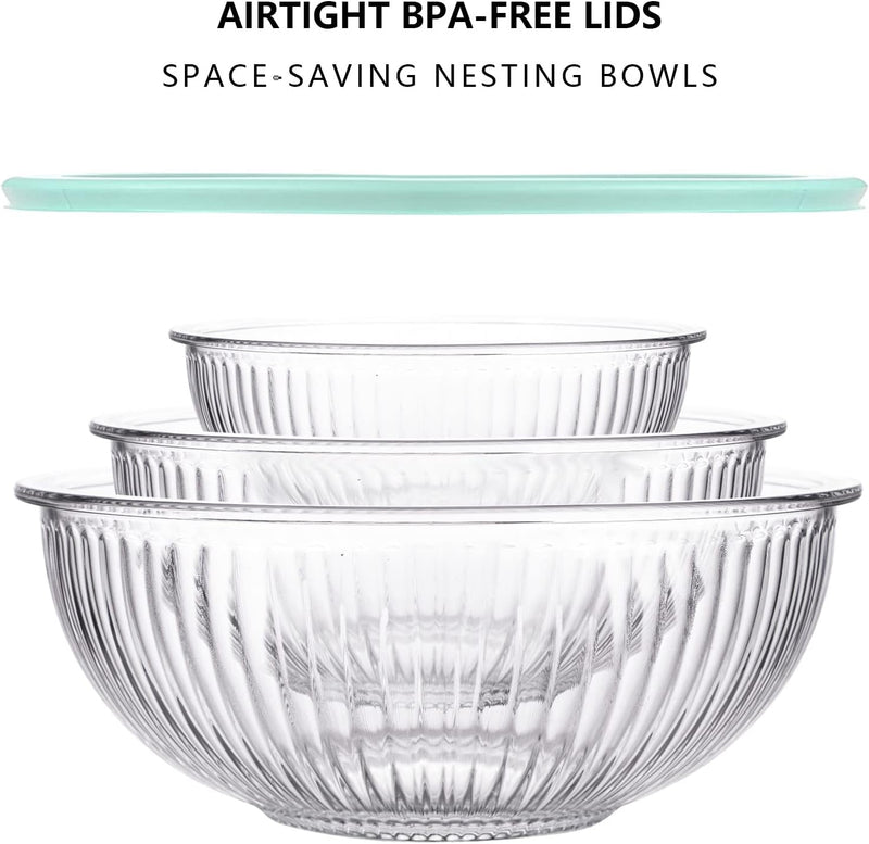 3PC Glass Mixing Bowl Set with Lids - Clear Dishwasher Safe for Kitchen Cooking and Baking