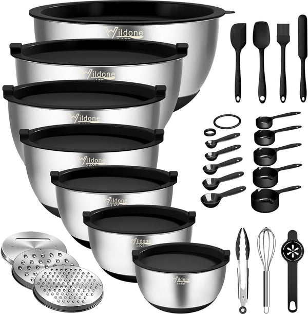 27-Piece Stainless Steel Mixing Bowls Set with Airtight Lids and Grater Attachments - Non-Slip Bottom Ideal for Mixing and Prepping Sizes 063QT-5